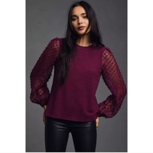 Maeve by AnthropologieBlouse Textured-Sleeve Top Sheer Puff Sleeves Wine NWT New